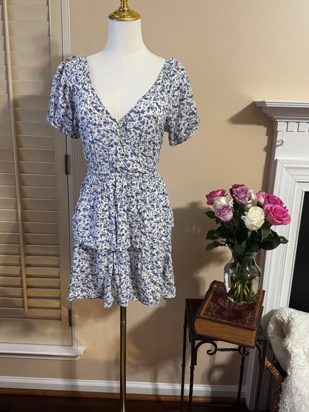 Blue and White Floral V-Neck Tiered Mini Dress